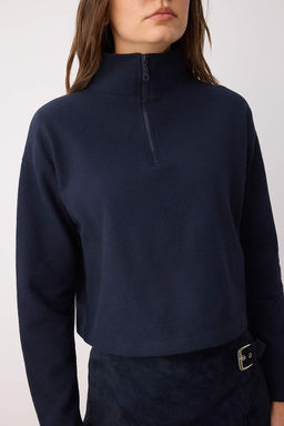 Lacivert Selanik/Triko Gorunumlu Fermuarl? Yaka Regular/Normal Kal?p Orme Sweatshirt TWOAW22SW0732