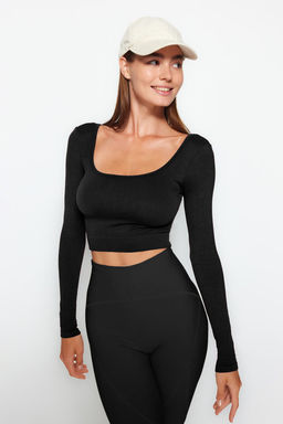 Siyah Seamless/Dikissiz Crop Ekstra Esnek Orme Spor Ust/Bluz TWOAW22BZ0450