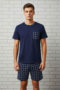 TRENDYOL MAN Lacivert Regular Fit Ekose Orme Sortlu Pijama Tak?m? TMNSS25PT00034 - Trendyolmilla фото 2