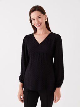 V Yaka Kendinden Desenli Uzun Kollu Vual Hamile Bluz