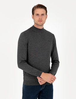 Antrasit Melanj Slim Fit Yar_m Bal_k__ Yaka Basic Triko Kazak