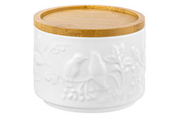 Банка д/хранения 250 мл 9,3*9,3*7 см Птички на ветке + дер. крышка-подставка с сил. упл.