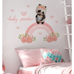 Наклейка интерьерная цветная Панда с чашкой на радуге, пластик, 30?90 см