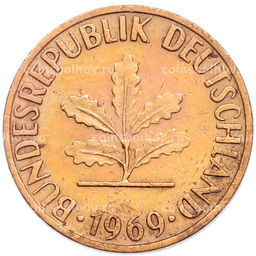 Монета 1 пфенниг 1969 года F Западная Германия (ФРГ)