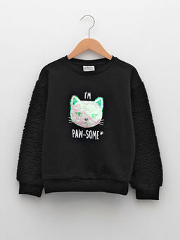 Bisiklet Yaka Pul Payetli Bask?l? Uzun Kollu K?z ?ocuk Sweatshirt