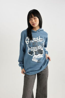 Coool Oversize Genis Kal?p Bask?l? Kapusonlu Kal?n Y?kamal? Soluk Efektli Sweatshirt