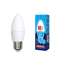 LED-C37-7W/NW/E27/FR/NR Лампа светодиодная. Форма "свеча", матовая. Серия Norma. Белый свет (4000K). Картон. ТМ Volpe