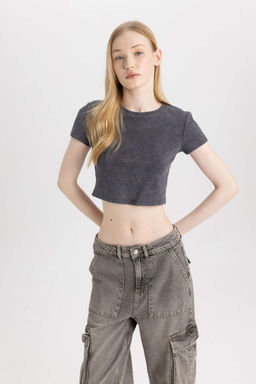 Классная приталенная базовая футболка с выцветшим эффектом и короткими рукавами - Defacto фото 3