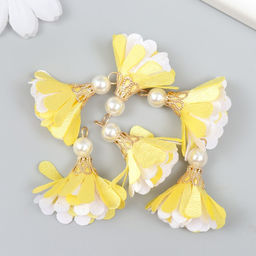 Декор текстиль Цветок 2 с жемчужиной. Жёлтый и белый, набор 6 шт., 3 см