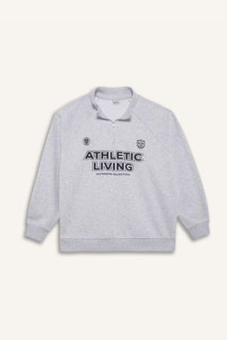 DeFactoFit Oversize Genis Kal?p Dik Yaka Slogan Bask?l? Sporcu Sweatshirt