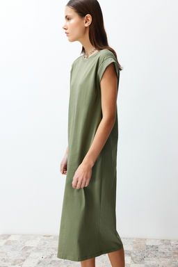 Haki Duz T-shirt Elbise %100 Pamuk Ay Kol Shift/Rahat Kesim Midi Midi Elbise TWOSS24EL00126