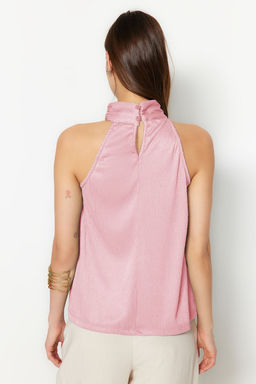 Pembe Regular/Normal Kal?p Dik Yaka Fit Pilise Esnek Orme Bluz TWOSS23BZ00952