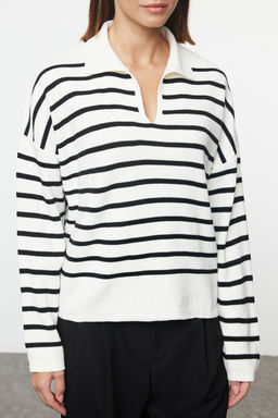 Ekru Genis Kal?p Polo Yaka Cizgili Triko Kazak TWOAW25KZ00341 - Trendyolmilla фото 3