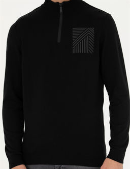 Siyah Slim Fit Fermuarl_ Dik Yaka Triko Kazak
