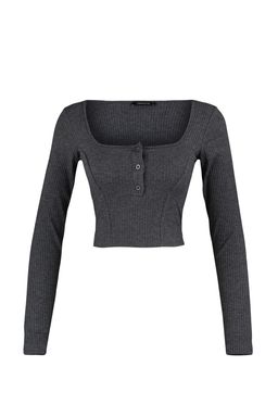 Antrasit Dugme Detayl? Kare Yaka Fitted/Vucuda Oturan Fitilli Esnek Crop Orme Bluz TWOAW23BZ00384