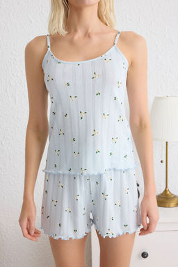 Trendyolmilla Mavi %100 Pamuklu Cicekli Pointel Ajurlu/Delikli Sortlu Orme Pijama Tak?m? THMSS25PT00082  фото 3