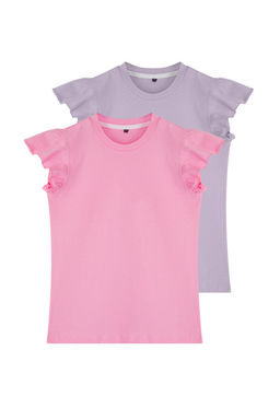 Siyah-Ekru 2li K?z Cocuk %100 Pamuk F?rf?rl? Regular Kal?p K?sa Kol Orme T-Shirt TKDSS25TS00011 - Trendyolmilla фото 8