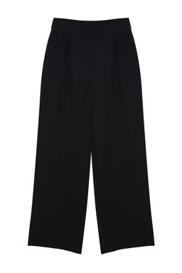 Siyah Wide Leg/Genis Paca Pilili Dokuma Kumas Pantolon TWOSS21PL0189