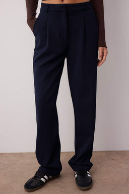 Lacivert Wide Leg/Genis Paca Pileli Dokuma Kumas Pantolon TWOSS21PL0155