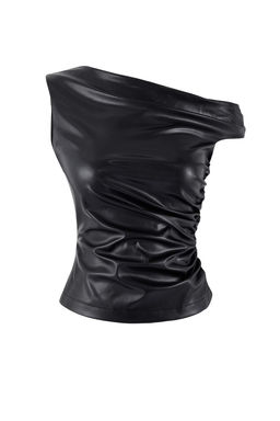 Siyah Asimetrik Yaka Kolsuz Orme Suni Deri Party Bluz TPRSS26BZ00012