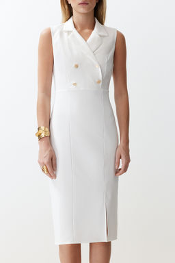 Ekru Vucuda Oturan Dugme Detayl? Y?rtmacl? Midi Kalem Etek Dokuma Elbise TWOSS23EL02256