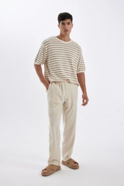 Relax Fit Rahat Kesim Dar Paca Keten Kar?s?ml? Yazl?k Pantolon