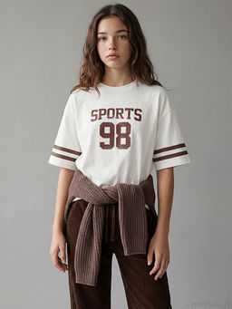 Bisiklet Yaka Bask?l? K?z ?ocuk Ti??rt