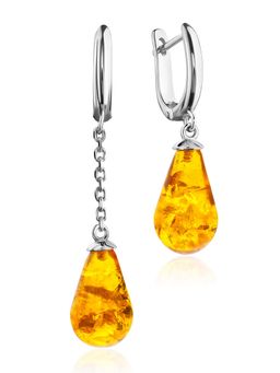 Серьги-капельки из золотисто-коньячного янтаря в серебре Паланга