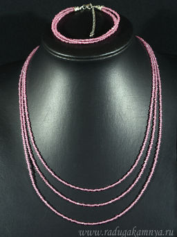 Колье с браслетом из шпинели цв.розовый, 3 нити, шарик гр.2мм, 47см, 19см, 15г