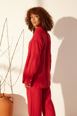 K?rm?z? %100 Keten Oversize Gomlek TWOSS23GO00443