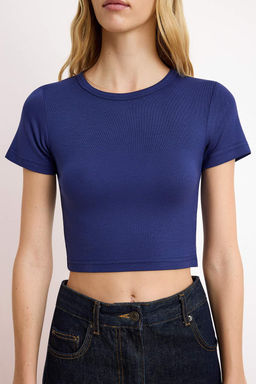 Lacivert-Gri Melanj 2li Paket Crop Viskoz/Yumusak Kumas Esnek Orme Bluz TWOSS23BZ00108