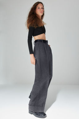Limited Edition Antrasit Wide Leg/Genis Paca Yuksek Bel Dokuma Pantolon TWOAW23PL00302