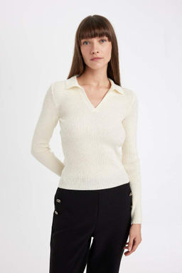 Приталенный свитер в рубчик с воротником-поло - Defacto фото 7