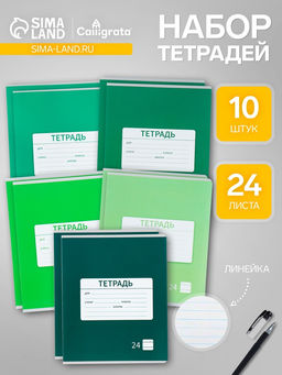 Комплект тетрадей из 10 штук, 24 листа в линию Calligrata «Однотонная Новая Школьная. Эконом», обложка мелованная бумага, ВД-лак, блок №2, белизна 75% (серые листы), 5 видов по 2 штуки