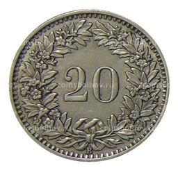 Монета 20 раппенов 1939 года Швейцария