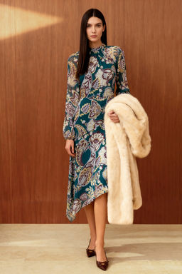 Yesil-Cok Renkli Midi Sifon Astarl? Dokuma Elbise TWOAW26EL00284