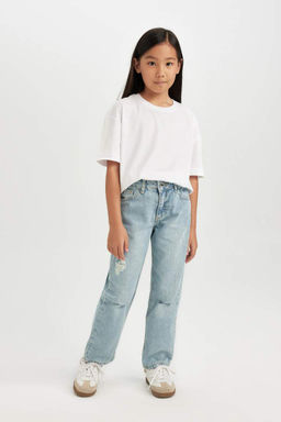 Джинсовые брюки прямого кроя с рваными деталями и прямыми карманами для девочек - Defacto фото 2