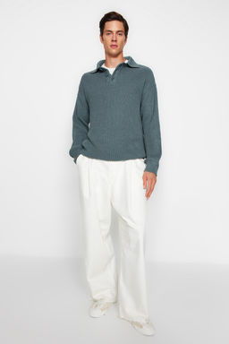 TRENDYOL MAN Unisex Petrol Oversize Fit Genis Kal?p Polo Yaka Tuylenmeyen Basic Triko Kazak TMNAW24KZ00000 - Trendyolmilla фото 4