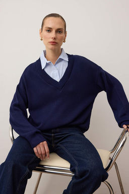 Lacivert Gomlek Yaka Garnili Detayl? Genis Kal?p Triko Kazak TWOAW26KZ00169