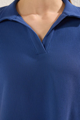 Indigo Polo Yaka Relaxed/Rahat Kal?p Crop Orme T-Shirt TWOSS25TS00117