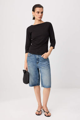 Siyah Dantel Detayl_ Fitted Kay_k Yaka Truvakar Kol Pamuklu Esnek _rme T-Shirt TWOAW27TS00003 - Trendyolmilla фото 2