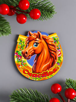 Цена за 3 шт. Магнит на холодильник «Новогодняя подкова с конём. Счастья», 7×7 см