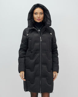 Пальто зимнее утепленное с капюшоном женское черного цвета 7638Ch