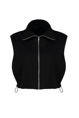 Siyah Relaxed/Rahat Kal?p Fermuarl? Dik Yaka Ay Kol Kal?n Yelek TWOSS24YE00011