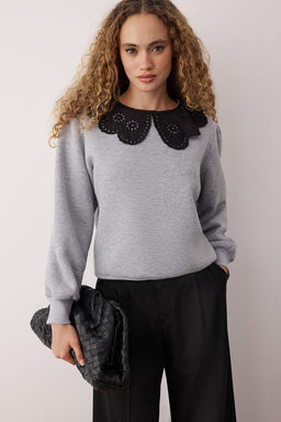 Gri Melanj Yaka Detayl? Kal?n Ici Polarl? Orme Sweatshirt TWOAW26SW00143