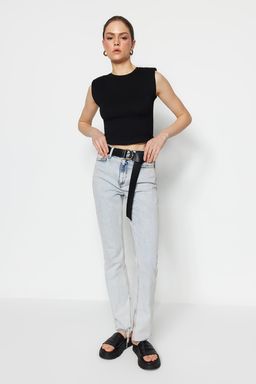Siyah Vatkal? Fitted/Vucuda Oturan Bisiklet Yaka Crop Esnek Orme Bluz TWOSS23BZ00251