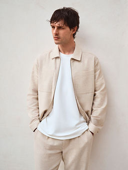 Slim Fit G?mlek Yaka %100 Keten Erkek Mont