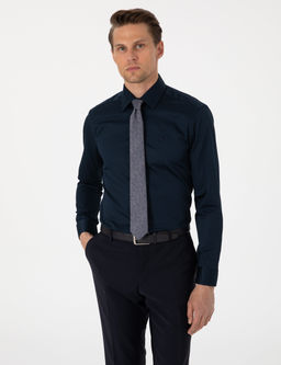 Lacivert %100 Pamuk Parlak Saten Slim Fit Uzun Kollu Basic G_mlek