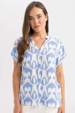 Regular Fit Bisiklet Yaka Desenli K?sa Kollu Gomlek - Defacto фото 2