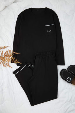 Siyah Buyuk Beden Nak?sl? Cep Detayl? Orme Pijama Tak?m? TMNAW26AI00003